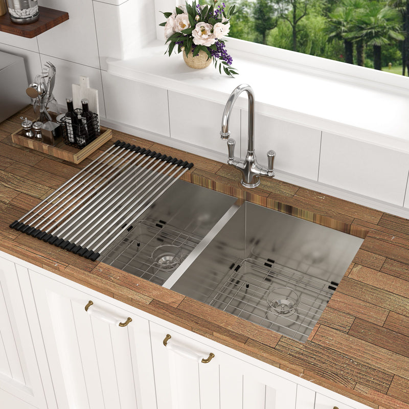 Undermount Double Bowl Kitchen Sink 16 Gauge With 9" Deep Basin - Brushed Nickel