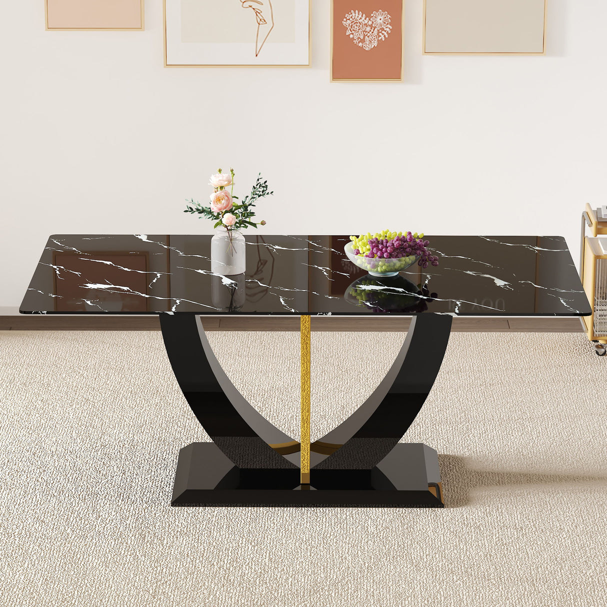 Modern Minimalist Luxurious Imitation Marble Dining Table Rectangular Office Desk With Tempered Glass - Black