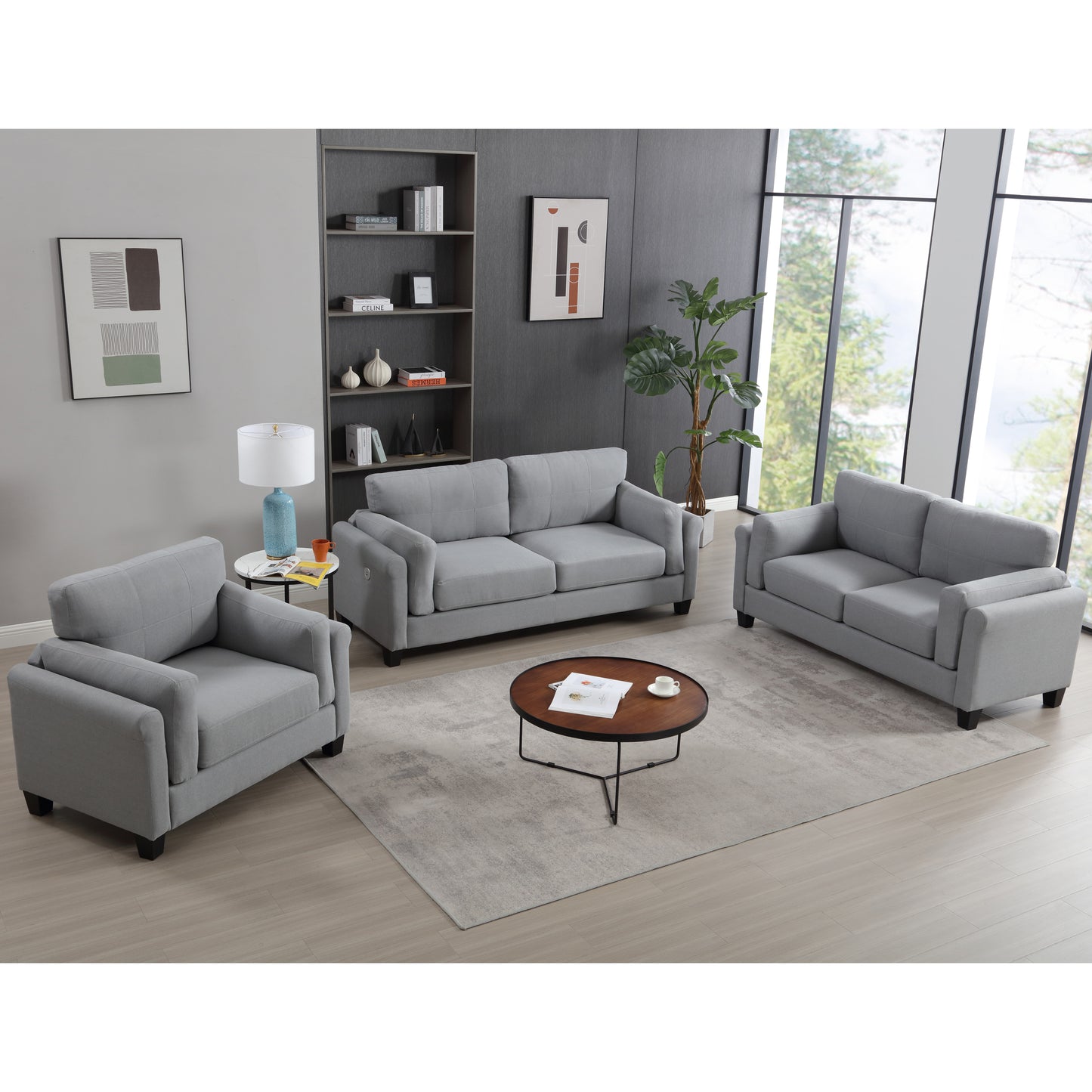 Modern 3 Pieces Sofa Set  for Living Room Double Armrest Comfy Deep Seat Furniture Sets  Chair & Loveseat & 3 Seater Couch,  Gray