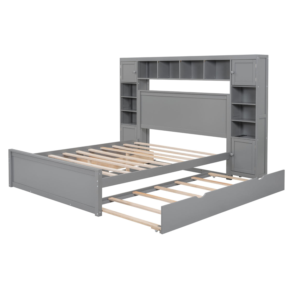 Bed With All In One Cabinet, Shelf And Sockets, Twin Long Trundle