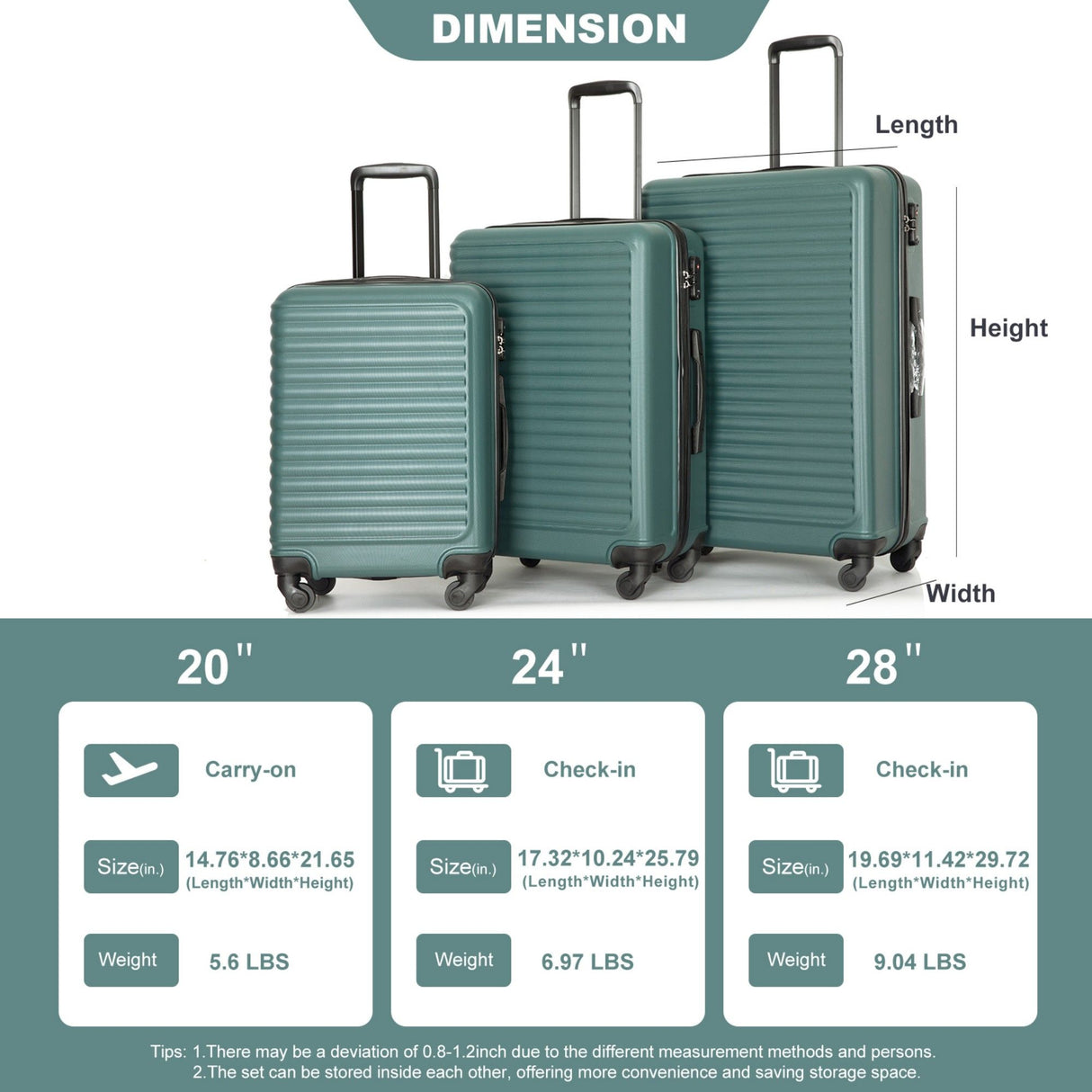 3 Piece Luggage Sets Lightweight Suitcase With Two Hooks, Spinner Wheels, Tsa Lock