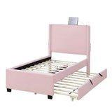 Twin Size Upholstered Bed Frame With Trundle Bed, Teddy Fabric, USB Functionality, And A Pocket Design On The Side Of The Headboard For Storing Small Items - Baby Pink