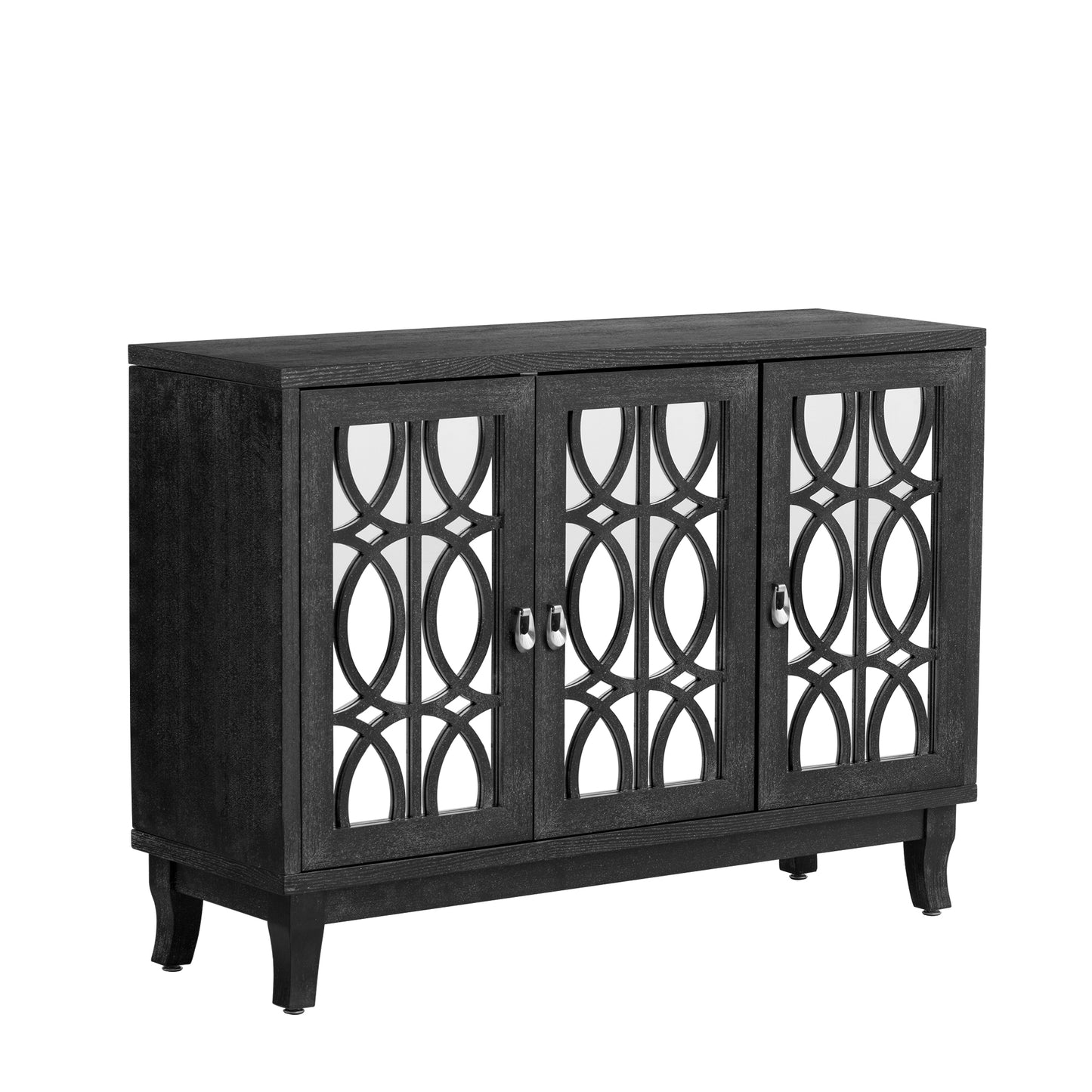 TREXM Sideboard with Glass Doors, 3 Door Mirrored Buffet Cabinet with Silver Handle for Living Room, Hallway, Dining Room (Black)