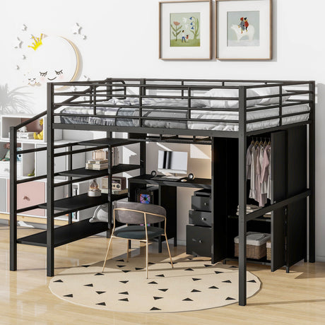 Full Size Loft Bed With Desk Set And Wardrobe - Black