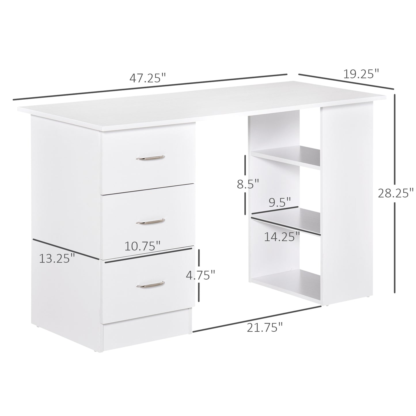 HOMCOM 47" Modern Home Office Computer Desk Bookcase Combo Writing Table Workstation with 3 Drawer and Storage Shelf - White