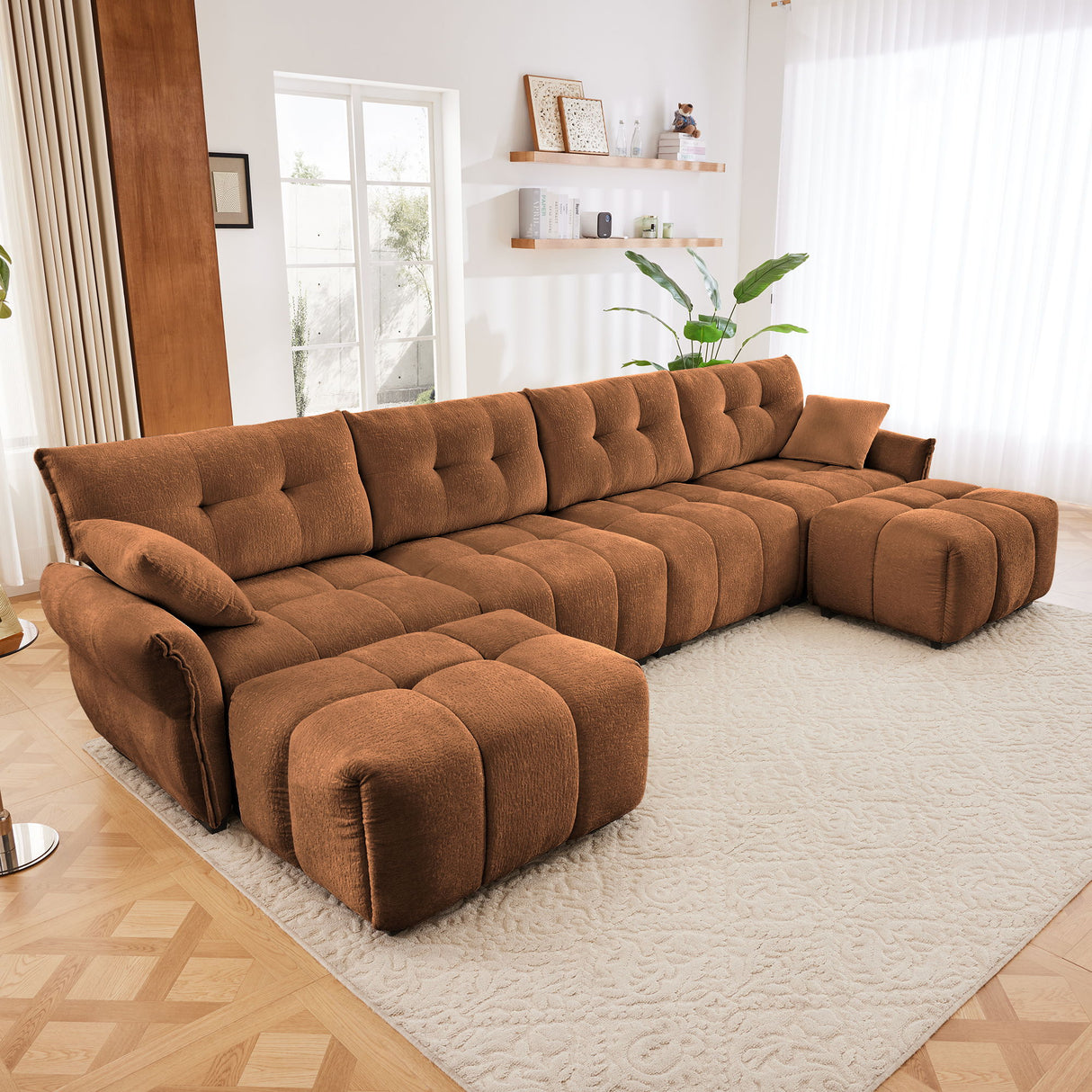 Elegant Sofa Set With Ottoman And Pillows, Textured Chenille, High Resilience Cushions