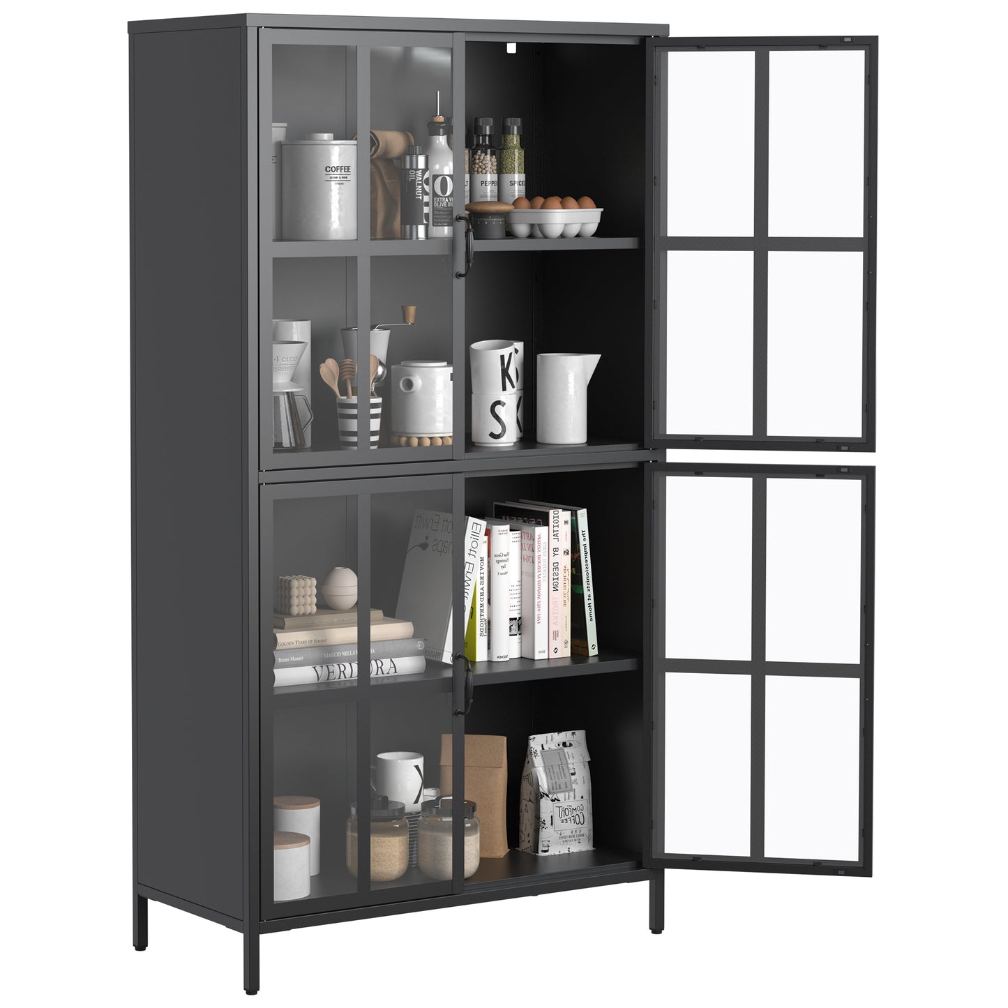 Premium Black Metal Storage Cabinet with Tempered Glass Doors, Adjustable Shelves, Anti-Tipping Device, Magnetic Silent Closure, and Adjustable Feet for Home and Office Use