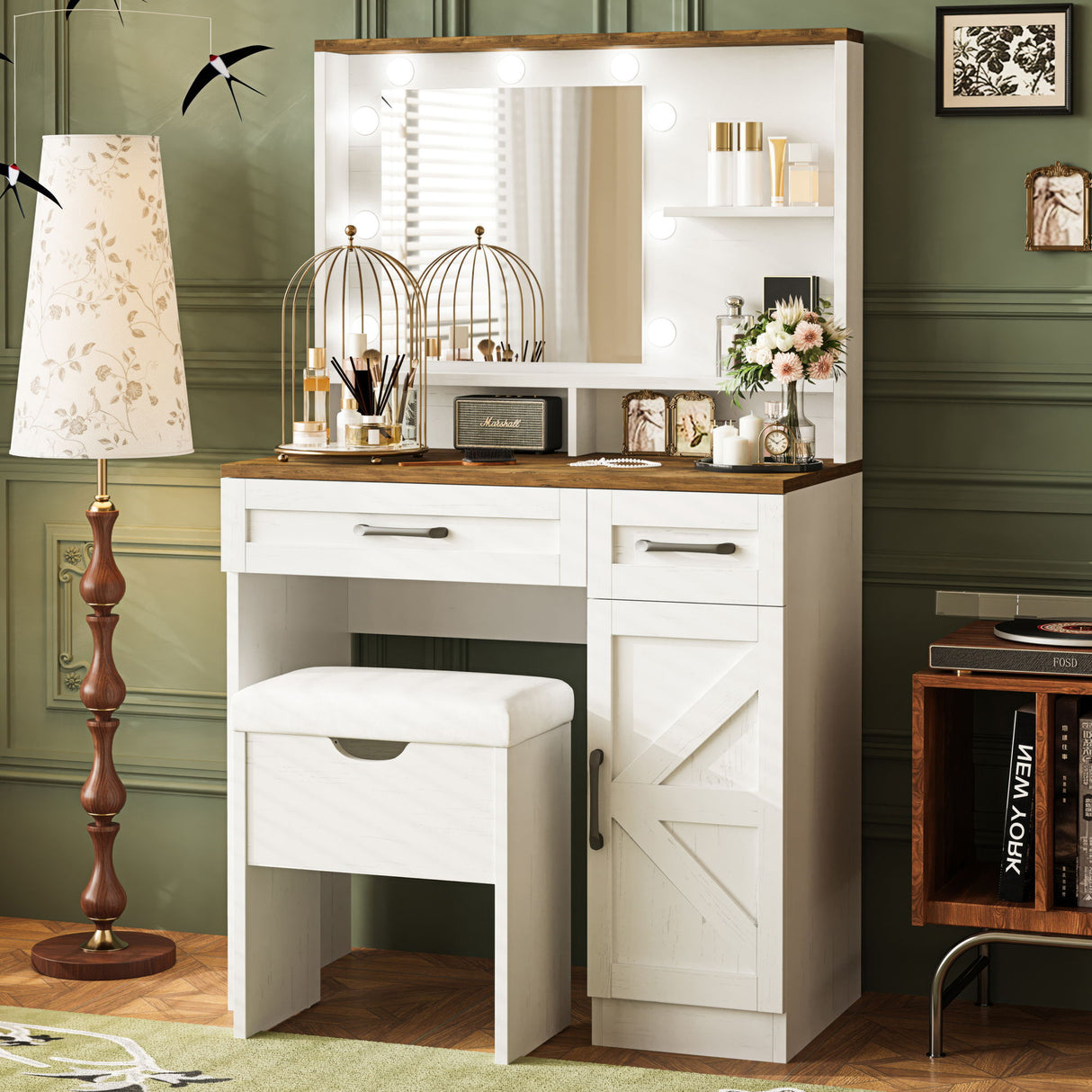 Farmhouse Makeup Vanity Desk With Mirror And Lights, 3 Lighting Modes, Vanity Set With Stool, Dressing Table With Adjustable Shelves, 2 Drawers And Side Cabinet For Bedroom - White