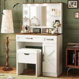 Farmhouse Makeup Vanity Desk With Mirror And Lights, 3 Lighting Modes, Vanity Set With Stool, Dressing Table With Adjustable Shelves, 2 Drawers And Side Cabinet For Bedroom - White