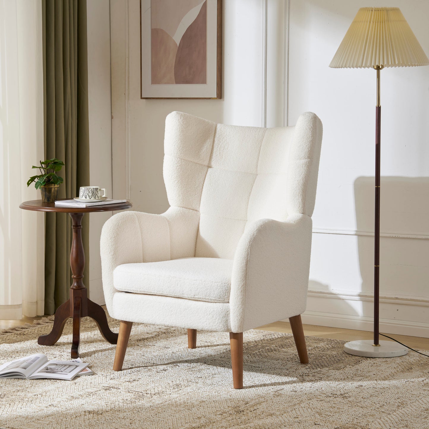 Mid-Century Ivory White High Back Accent/Club Chair with Thick Cushion, Modern Armchair with Round Arm and Birch Wood Legs, Teddy Wool Fabric, for Living Room, Office, Balcony, Bedroom and Study Room