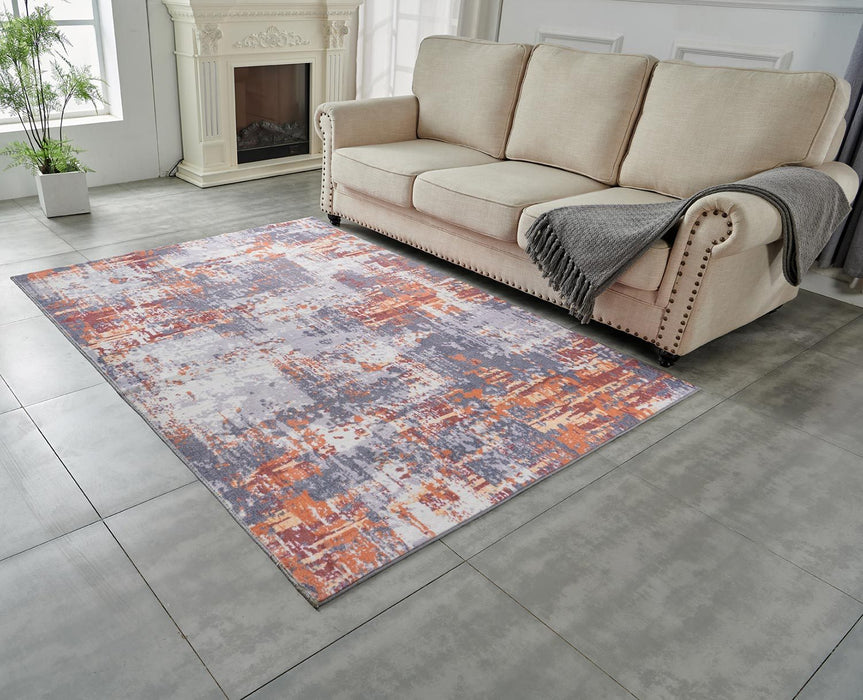 ZARA Collection Abstract Design Grey Brown and Rust Machine Washable Super Soft Area Rug