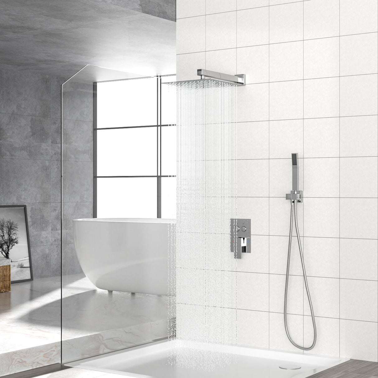 Dual Shower Head System With Square Rain Shower And Rough In Valve