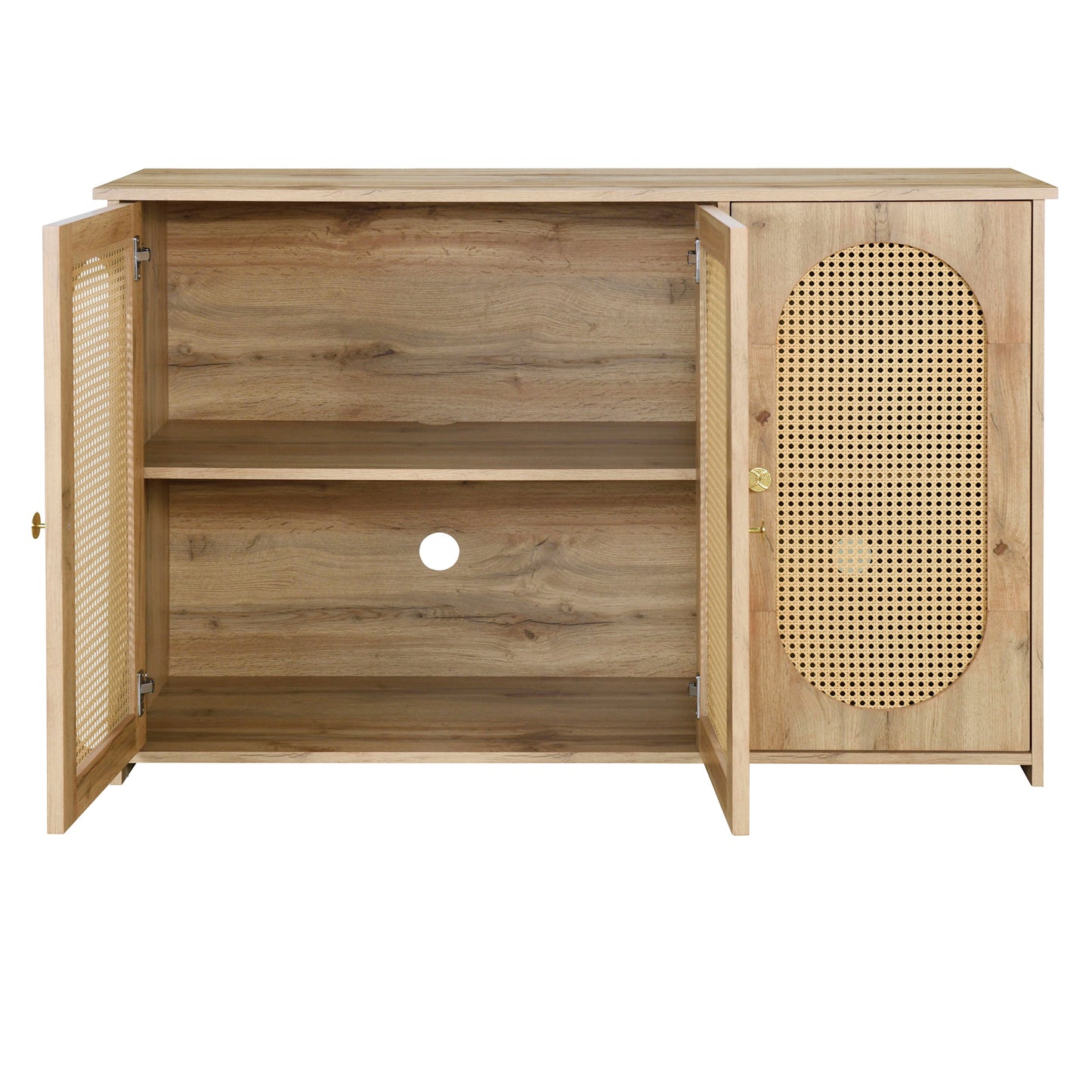 TREXM Retro 3-Door Sideboard with Large Storage Space Artificial Rattan Doors and Metal Handles, Accent Cabinet for Living Room and Hallway (Natural Wood)