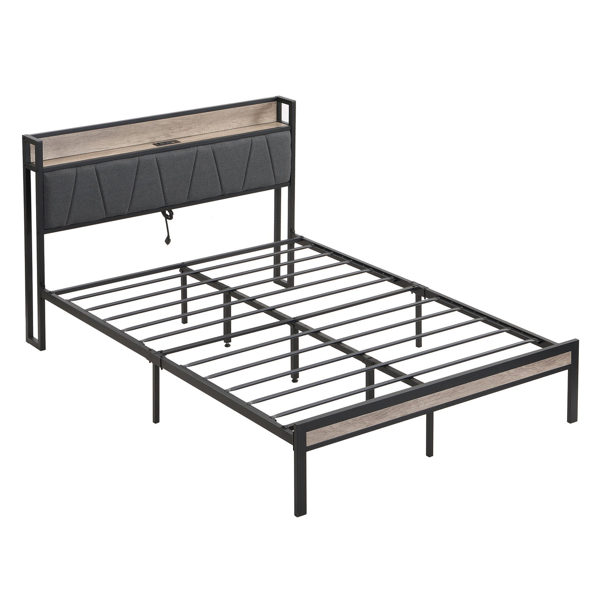 Modern Platform Bed Frame With Upholstered Storage Headboard, USB Ports