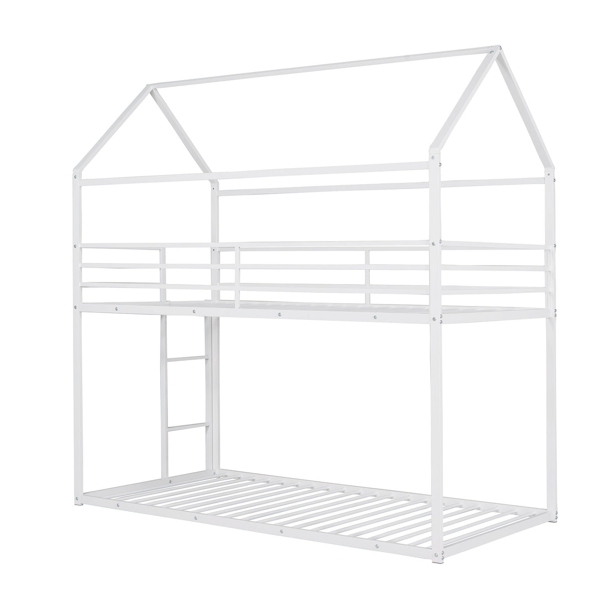 House Bunk Bed Metal Bed Frame Built-In Ladder, No Box Spring Needed