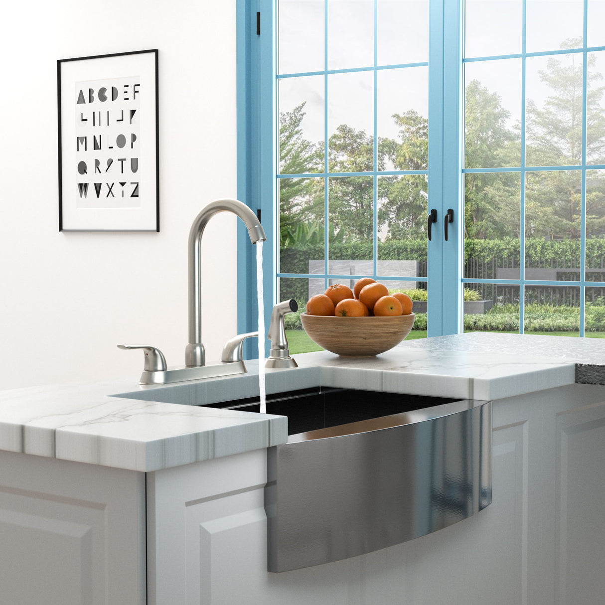 Kitchen Sink Faucet With 2 Handles And Pull Out Side Sprayer, 4 Hole Installation