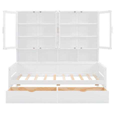 Daybed With Glass Door Storage Cabinets, Built In LED Lighting And Shelves