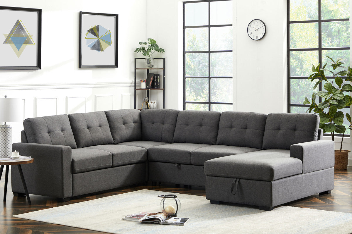 Selene 115.5" Dark Gray Linen Fabric Sleeper Sectional Sofa with Storage Chaise