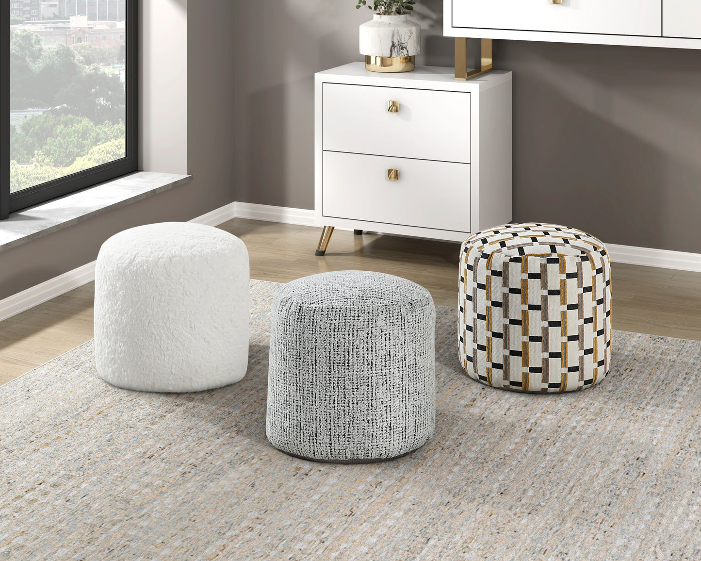 Cylindrical Pouf Multi-Color Jacquard Fabric Upholstery Modern Ottoman, Footstool, Non-Slip Floor Pouf, Bean Bag Chair, 1pc Sitting Pouf