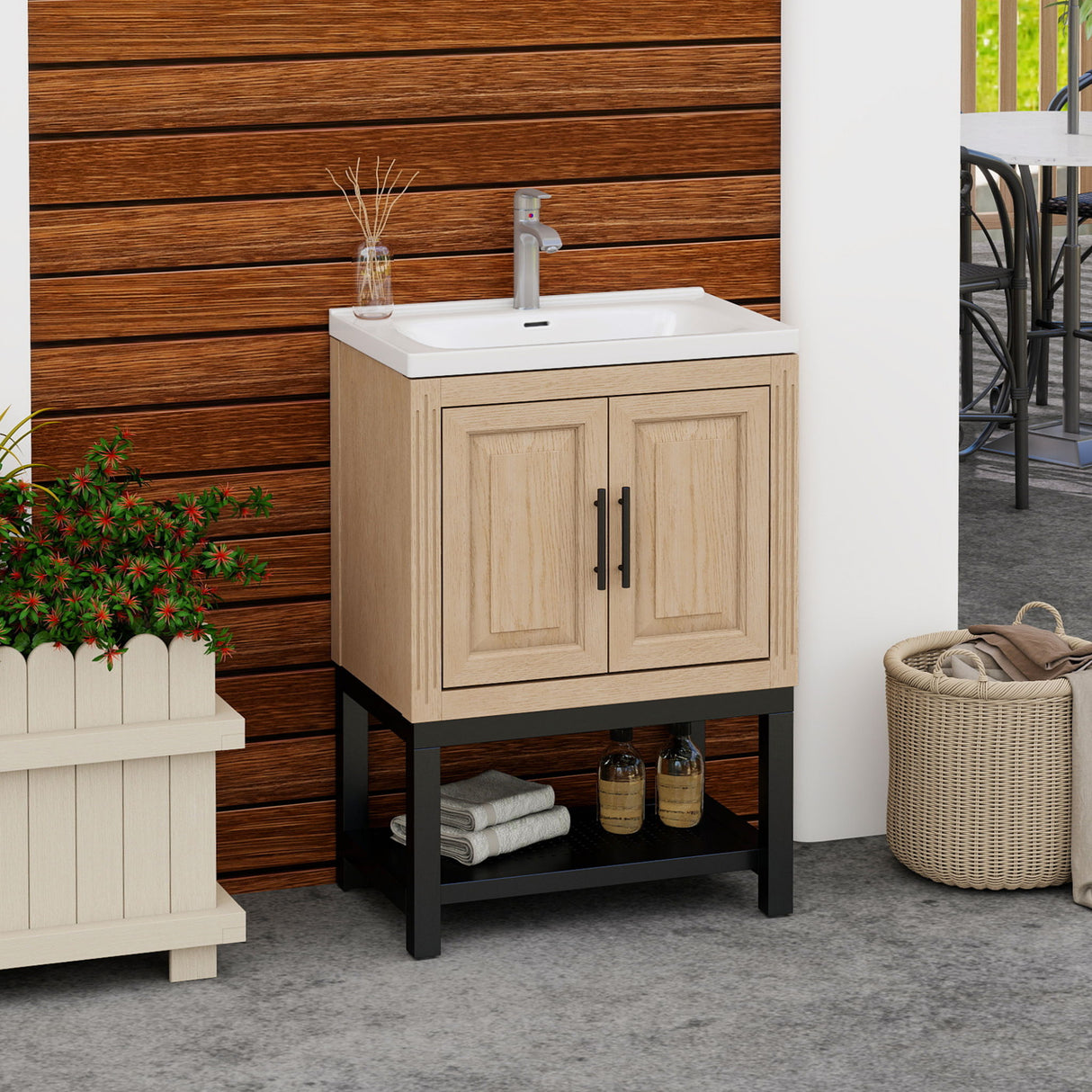 Modern Freestanding Bathroom Vanity With Ceramic Sink, Hot And Cold Faucet, Storage Cabinet & Open Shelf