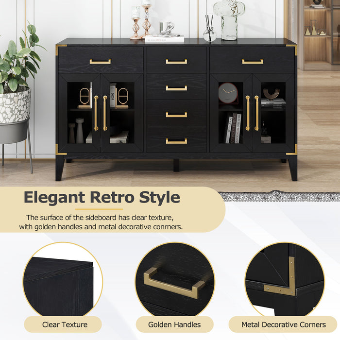 TREXM 6-drawer and 2-Cabinet Retro Sideboard with Extra Large Storage Space, with Gold Handles and Solid Wood Legs, for Kitchen and Living Room (Black)