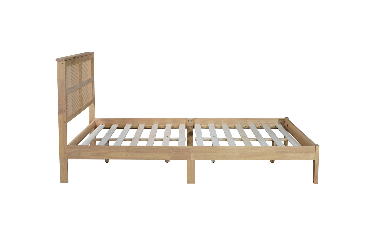 Queen Size Rubber Wooden, Solid Wooden Bed with Rattan Headboard, Enhanced by Support Feet,Oak White