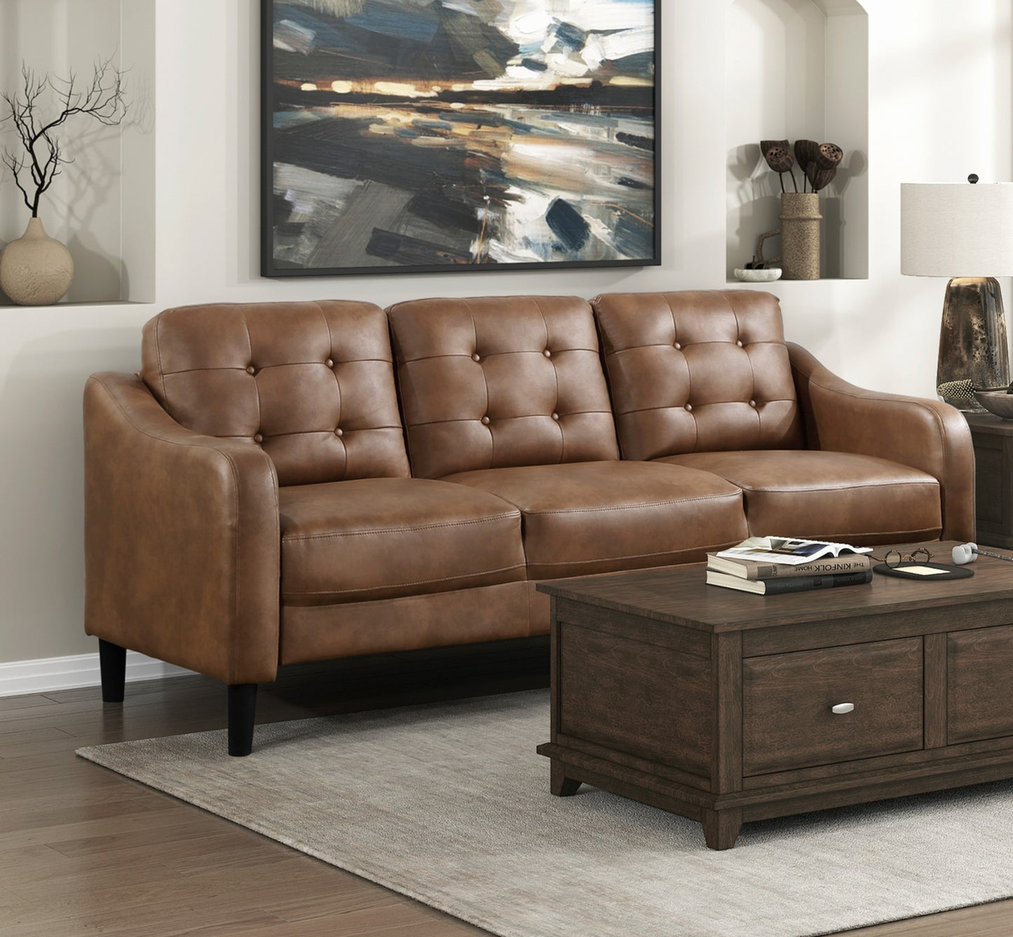 Brown 2pc Sofa Set Microfiber Upholstered Sofa Loveseat Set Button-Tufted Contoured Arms Solid Wood Frame Casual Living Room Furniture