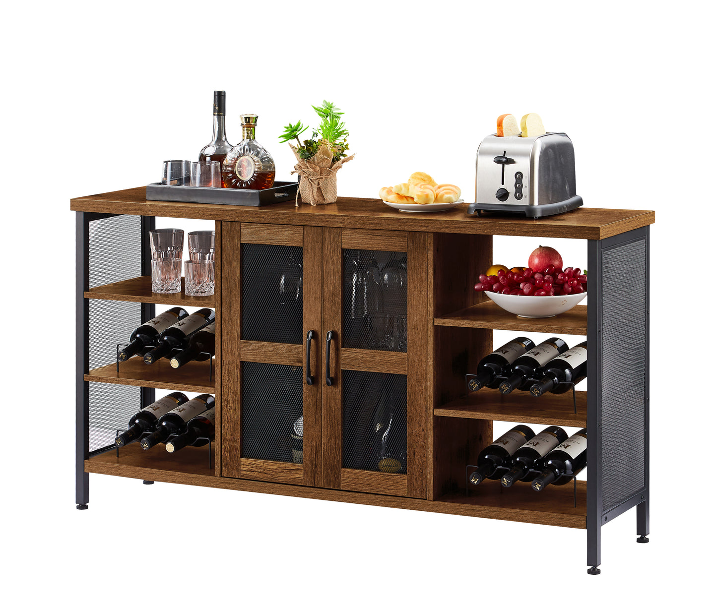 JHX Industrial Wine Bar Cabinet, Liquor Storage Credenza, Sideboard with Wine Racks & Stemware Holder (Hazelnut Brown, 55.12''w x 13.78''d x 30.31' ' h)