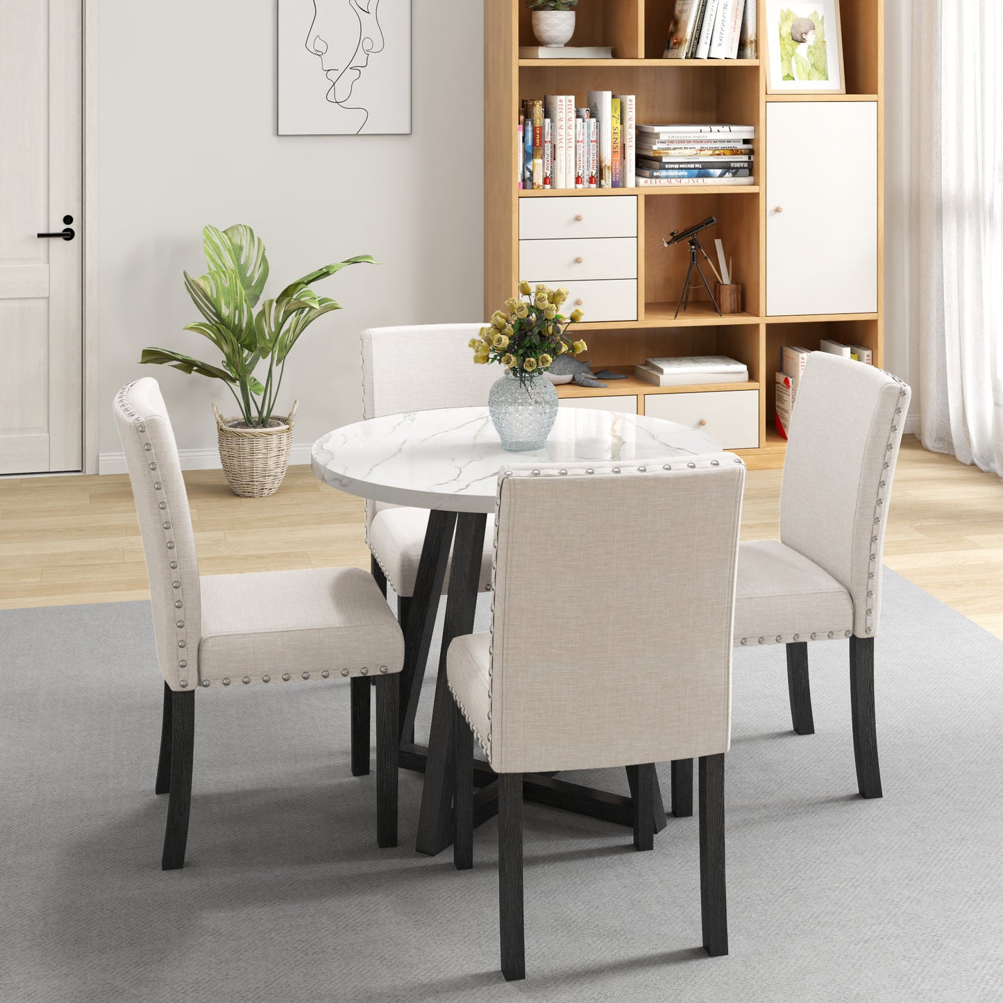 Five-piece dining room set with imitation marble table top, solid wood dining table and 4 chairs, space-saving kitchen and dining room combination furniture.