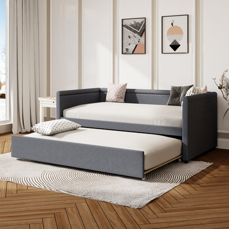 Modern Style Upholstered Daybed With Trundle For Guest Room, Small Bedroom