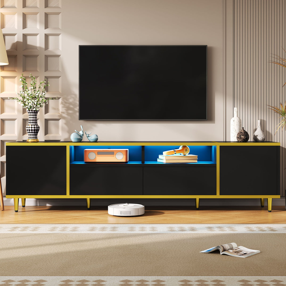 TV Stand For TVs Up To 80", Entertainment Center With 2 Shelves And LED Lights
