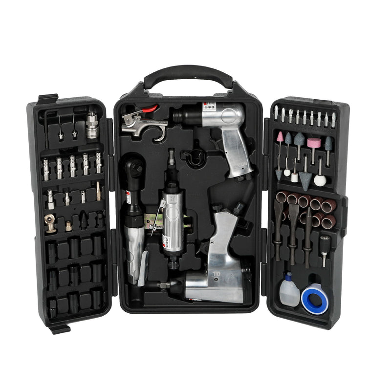 71 Piece Air Tool And Accessories Kit, Impact Wrench, Air Ratchet, Die Grinder, Aire Hammer, Hose Fittings, Storage Case - Black / Silver