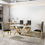 Marble Pattern Dining Table With Stainless Steel Base, Rectangular, Seats 6 Or 8 - Gold