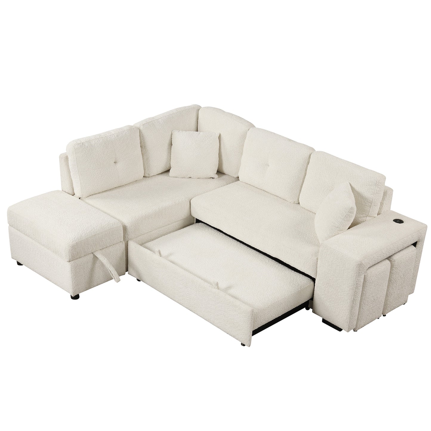 87.7" Convertible Sleeper, Sectional Pull Out Sofa Bed with Storage Ottoman, 2 Throw Pillows, 2 Stools, Wireless Charger and Two Hidden USB Ports for Living Room, Cream