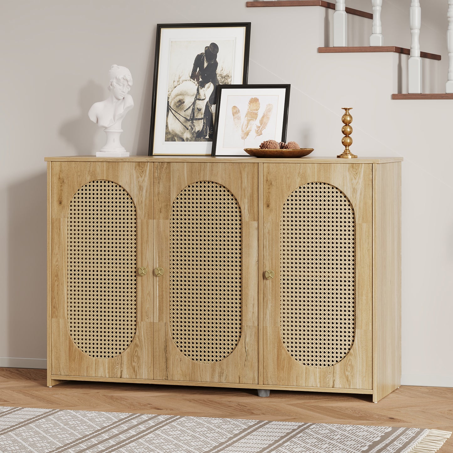 TREXM Retro 3-Door Sideboard with Large Storage Space Artificial Rattan Doors and Metal Handles, Accent Cabinet for Living Room and Hallway (Natural Wood)