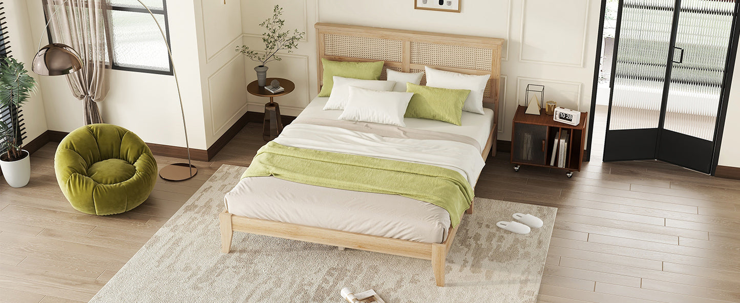 Queen Size Rubber Wooden, Solid Wooden Bed with Rattan Headboard, Enhanced by Support Feet,Oak White