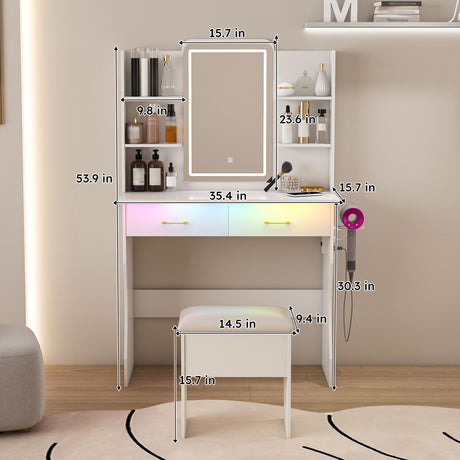 Vanity Desk With LED Lights Mirror, Power Outlet, Storage Drawers & Chair - White