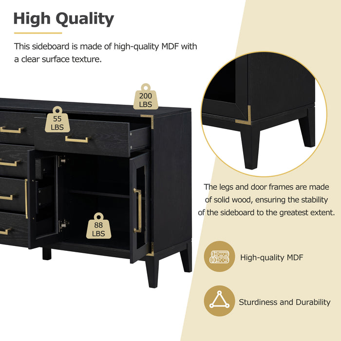 TREXM 6-drawer and 2-Cabinet Retro Sideboard with Extra Large Storage Space, with Gold Handles and Solid Wood Legs, for Kitchen and Living Room (Black)