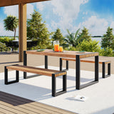 3 Pieces Outdoor Dining Table & 2 Benches, Patio Dining Set With Unique Top Texture, Acacia Wood Top & Steel Frame, All Weather Use, For Outdoor & Indoor - Natural