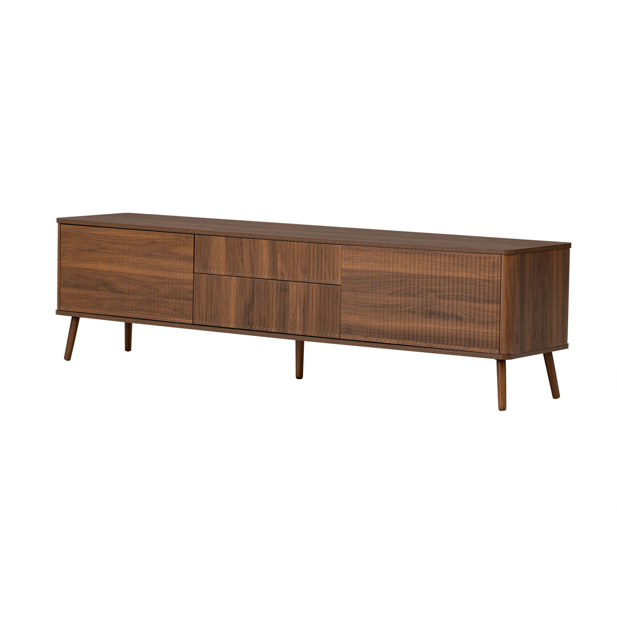 Fluted TV Stand With Storage Drawers And Cabinets For TVs Up To 80", Soft-Close Hinges, Cable Management - Walnut