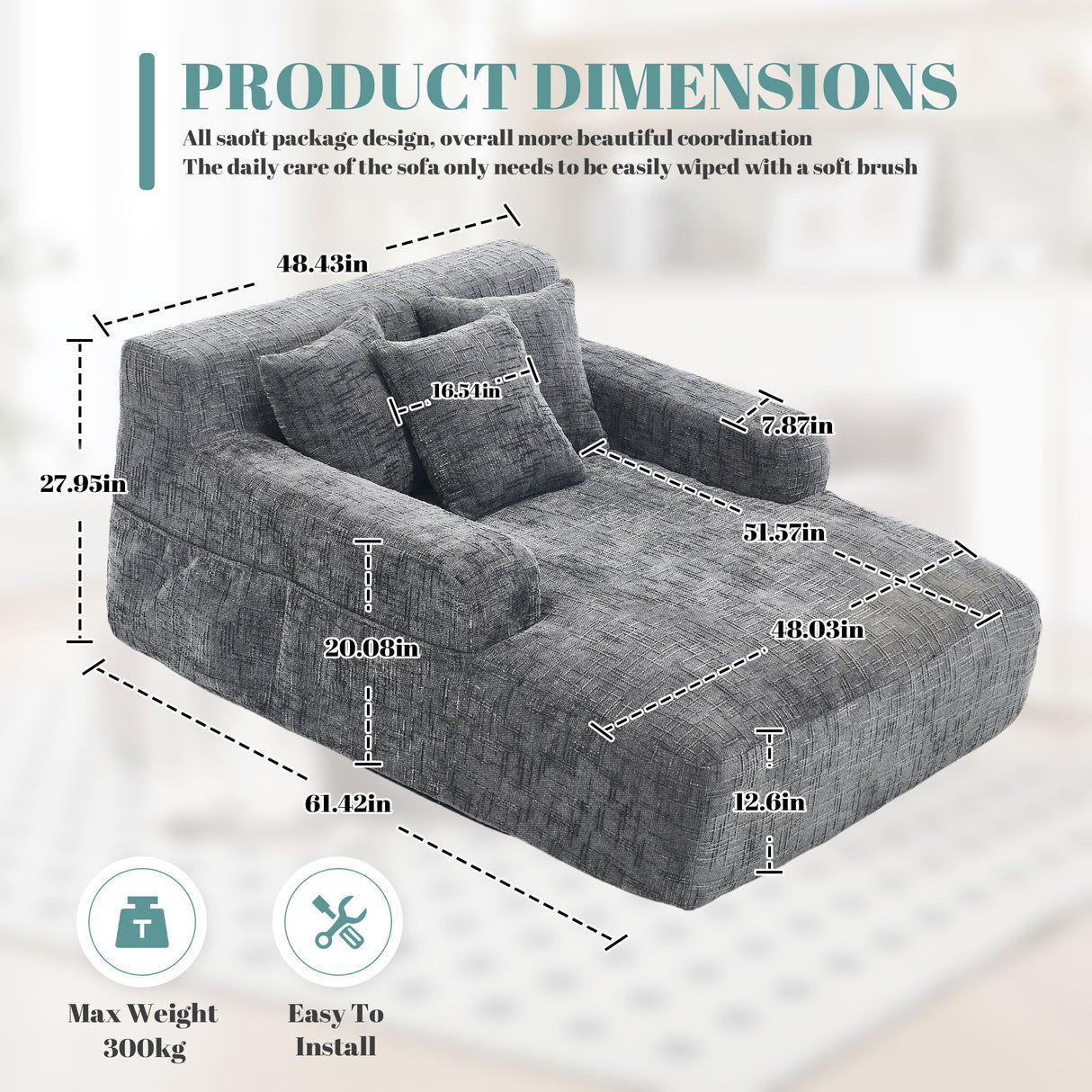 Chenille Interior Lazy Sofa Chaise Longue Armchair With 3 Pillows And Armrests