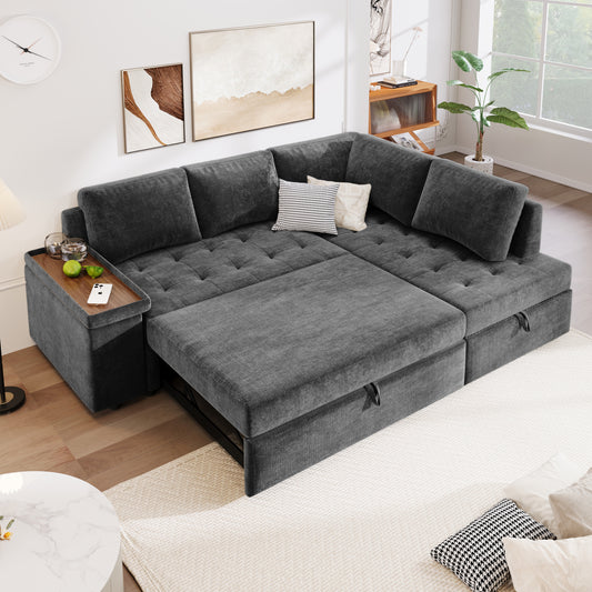 Mirod 91.5-Inch L Shaped Couch with Pull Out Bed and Storage Sectional Sleeper Sofa with Hidden Storage , Wide Armrest with storage,for Living Room, Apartment, Bedroom, Office