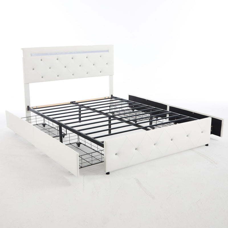 Upholstered Bed Frame With LED Lights, 4 Storage Drawers, Charging Station