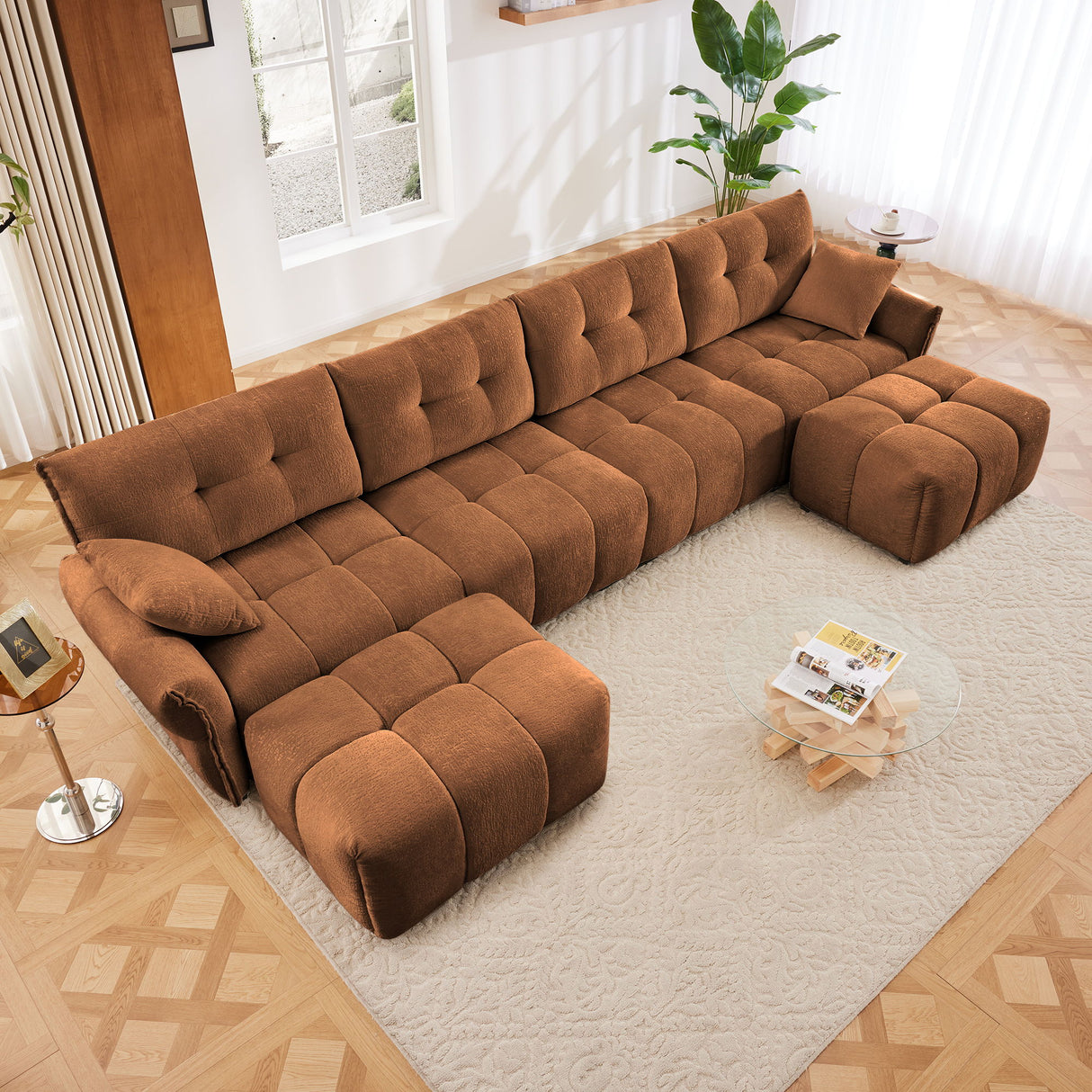Elegant Sofa Set With Ottoman And Pillows, Textured Chenille, High Resilience Cushions