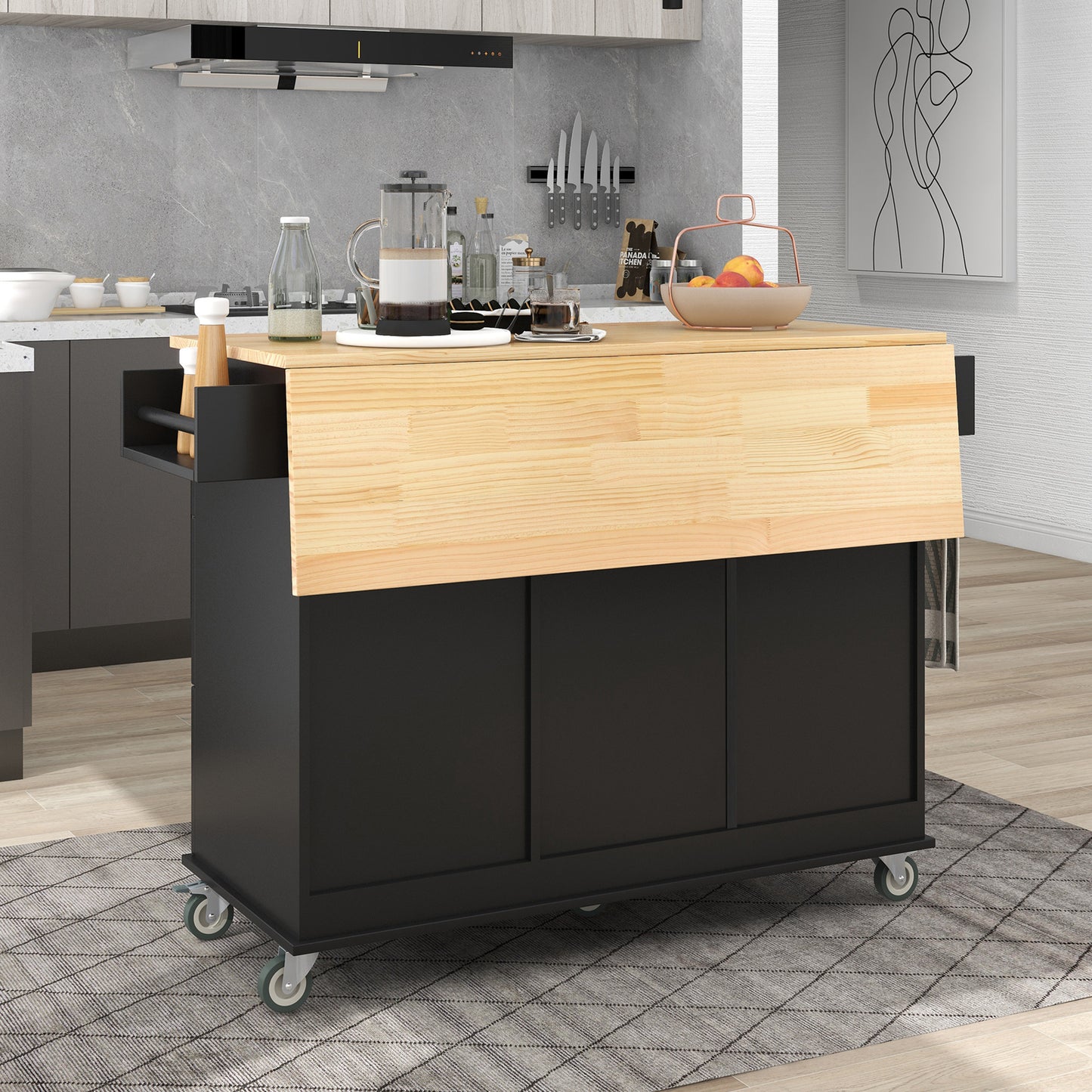 Rolling Mobile Kitchen Island with Solid Wood Top and Locking Wheels,52.7 Inch Width,Storage Cabinet and Drop Leaf Breakfast Bar,Spice Rack, Towel Rack & Drawer (Black)