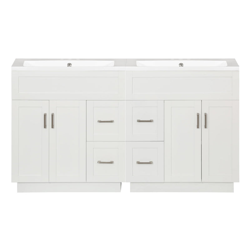 Bathroom Vanity With Dual Sinks, 4 Cabinet Doors, 4 Drawers, Adjustable Shelves - White
