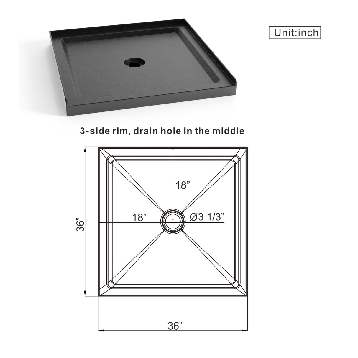 Anti Slip Center Drain Single Threshold Shower Base Slate - Black