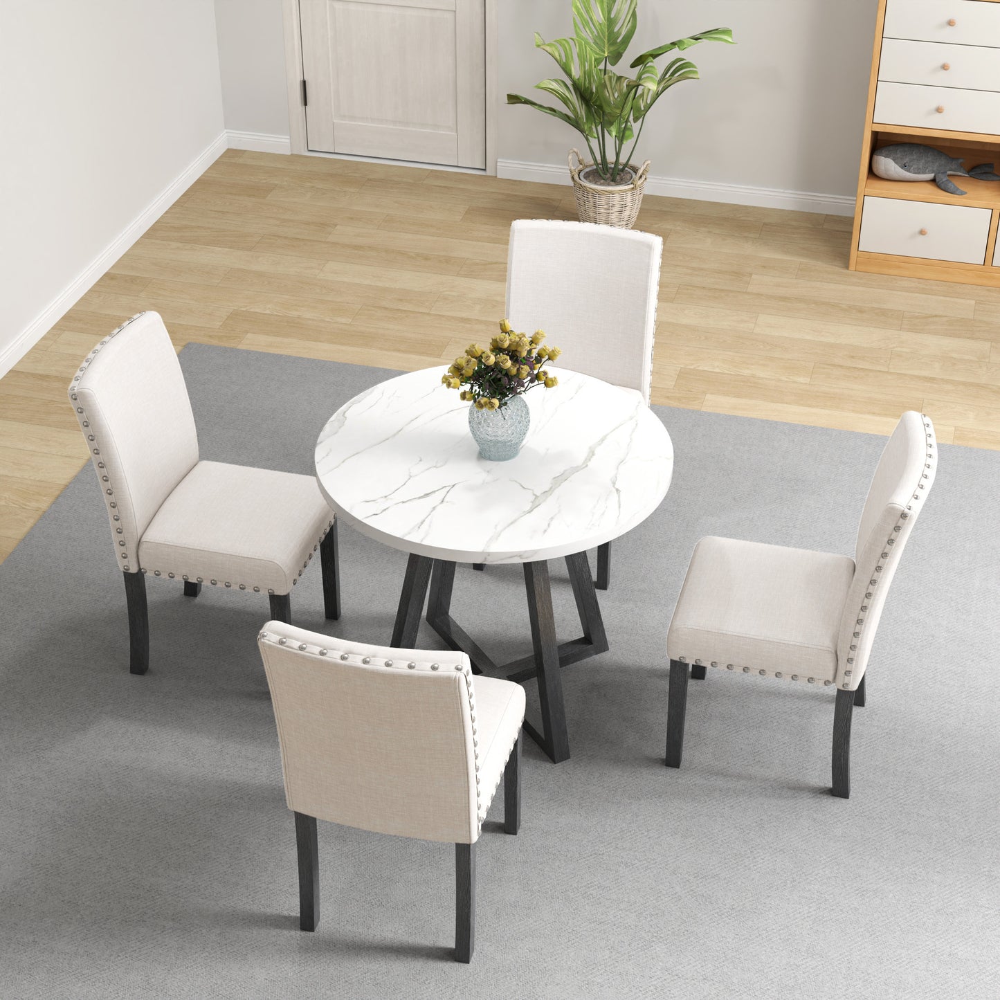 Five-piece dining room set with imitation marble table top, solid wood dining table and 4 chairs, space-saving kitchen and dining room combination furniture.