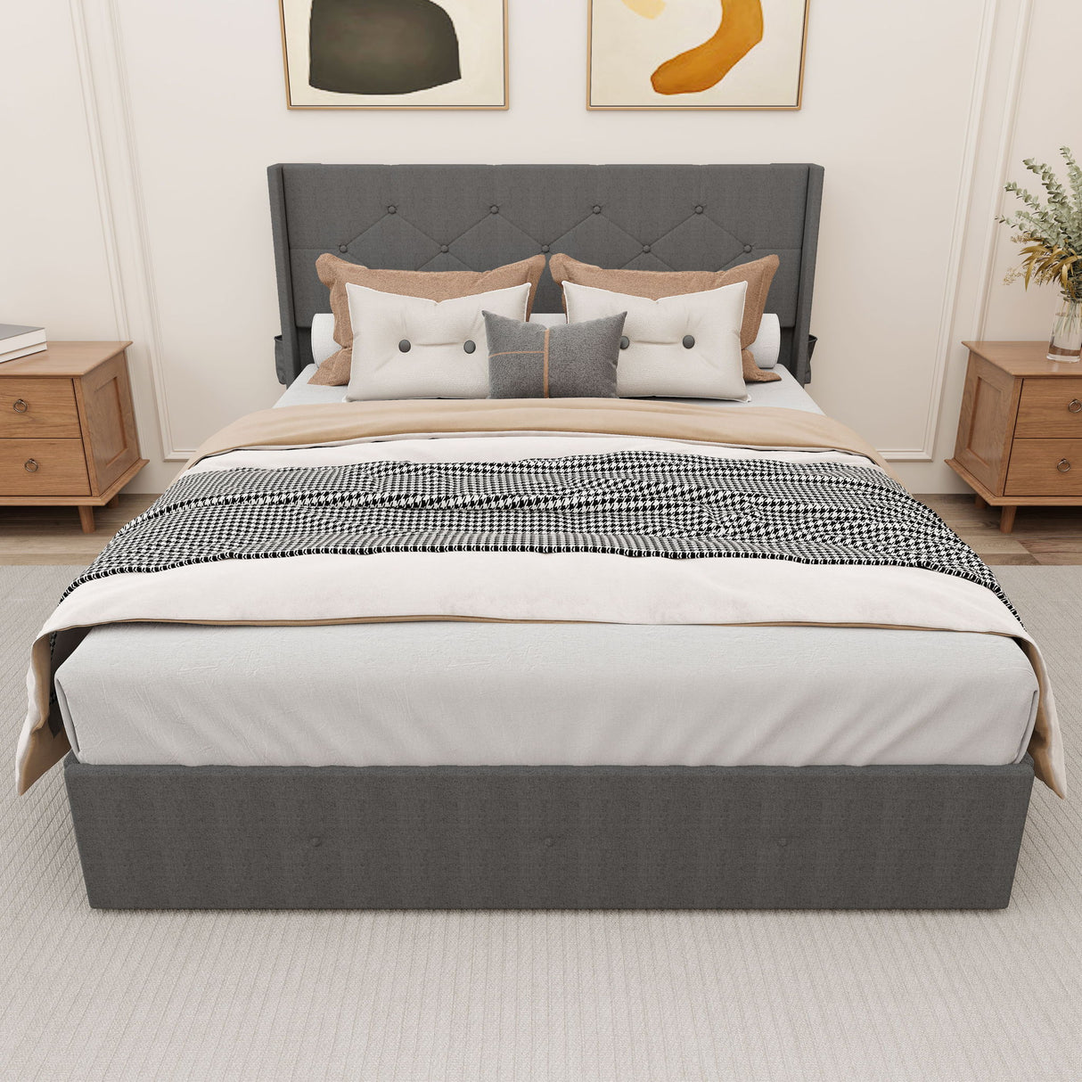 Modern Queen Size Bed Frame With Storage, Wingback Headboard, USB Ports - Dark Gray