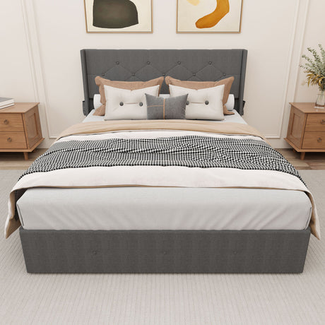 Modern Queen Size Bed Frame With Storage, Wingback Headboard, USB Ports - Dark Gray